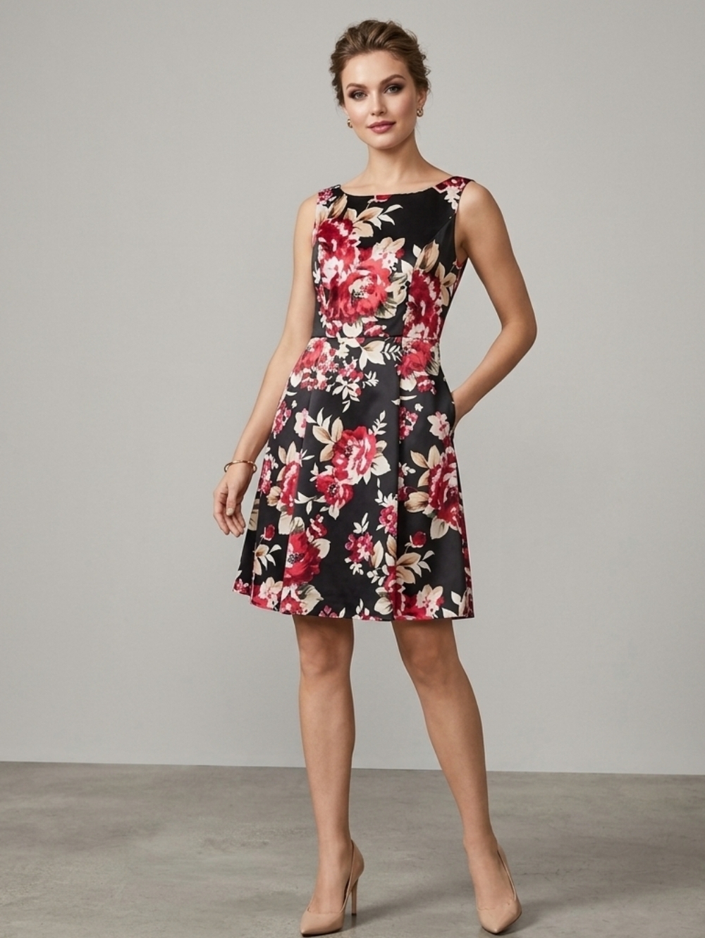 White House Black Market Cocktail Dress Sleeveless Fit & Flare Floral Satin